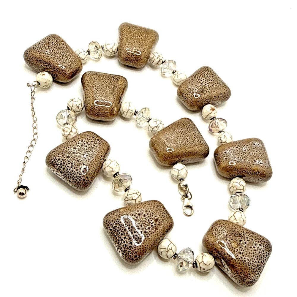 Vintage DONNA DRESSLER Chunky Bead Necklace Mottled Brown Ceramic Howlite Silver